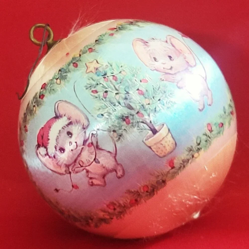 Vintage Hallmark Christmas Mouse Silk Ball Ornament 1977